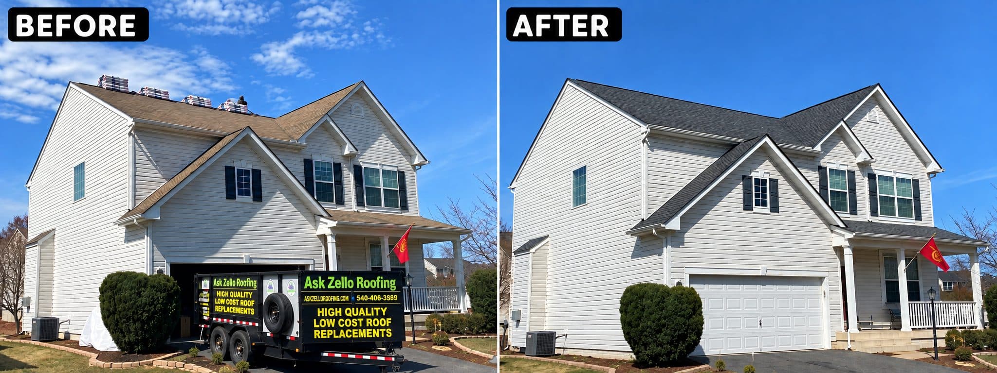 Before and after GAF Timberline HDZ Pewter Gray roof replacement on a white two-story home in Lake of the Woods, Locust Grove, VA.